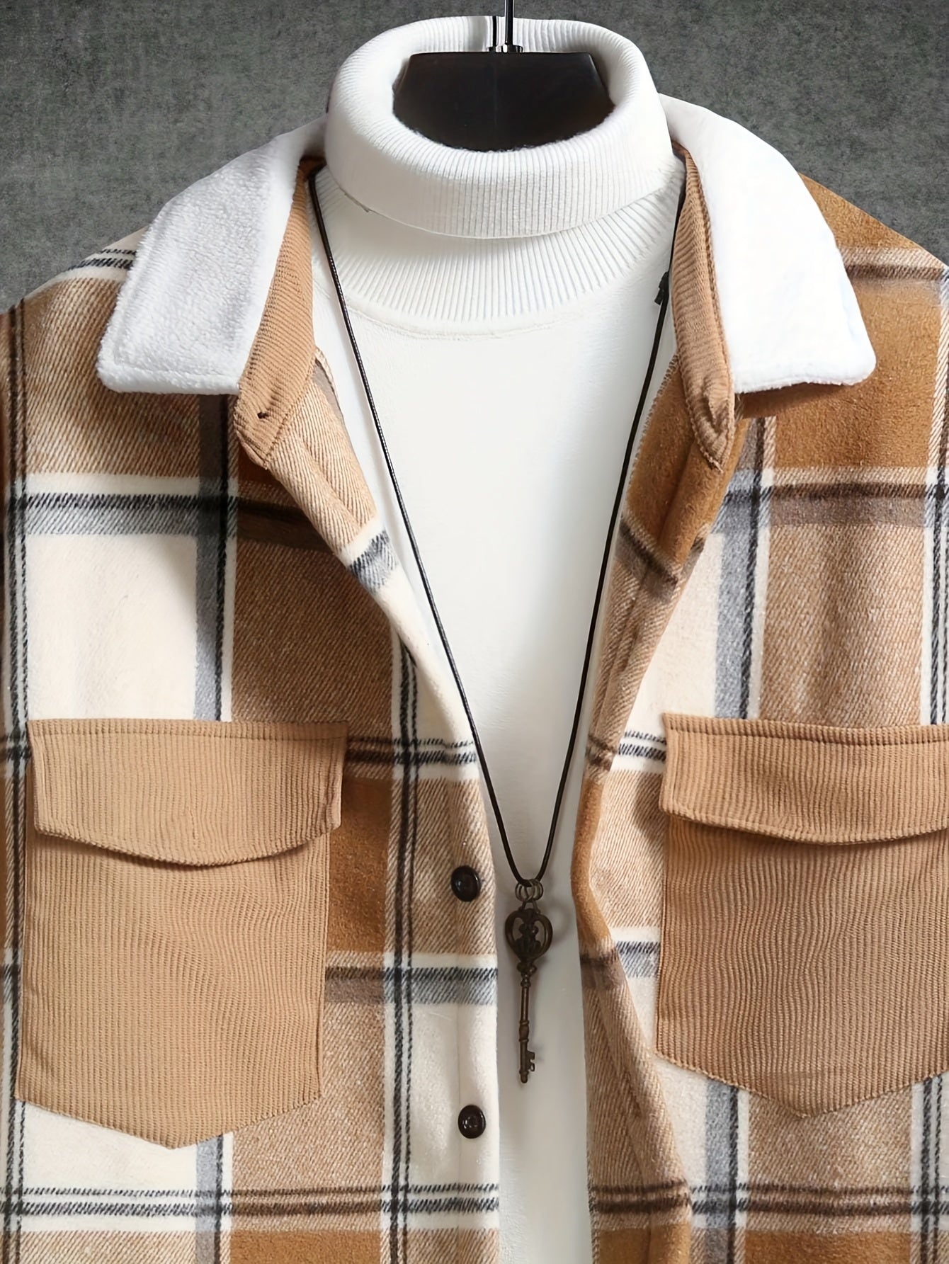 1pc Men'S Casual Plaid Fleece Jacket, Thickened Outerwear with Button Closure, Polyester Fabric, Non-Stretch, Regular Fit, Autumn/Winter Season, Solid Color Pocket Detail