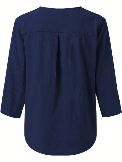 V-Neck Button-Up Top - Loose Fit Solid Color Pullover, Fashionable Casual V-Neck Shirt for Women, Relaxed Fit, Non-Stretch Cotton Linen Blouse