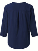 V-Neck Button-Up Top - Loose Fit Solid Color Pullover, Fashionable Casual V-Neck Shirt for Women, Relaxed Fit, Non-Stretch Cotton Linen Blouse