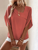 Solid Color Asymmetrical Neckline Straight Hem Blouse with Ruffle Sleeves
