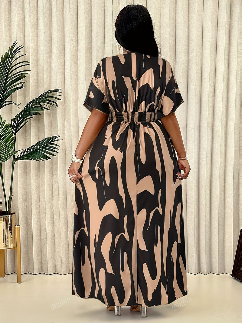 Women'S Plus Size Elegant V-Neck Dress with Abstract Pattern - Casual Spring/Summer Style, Knee-Length, Sleeveless, Adjustable Waist Cincher, Casual Summer Dress|Kneelength Dress|Vneck Design, Plus Size Dress