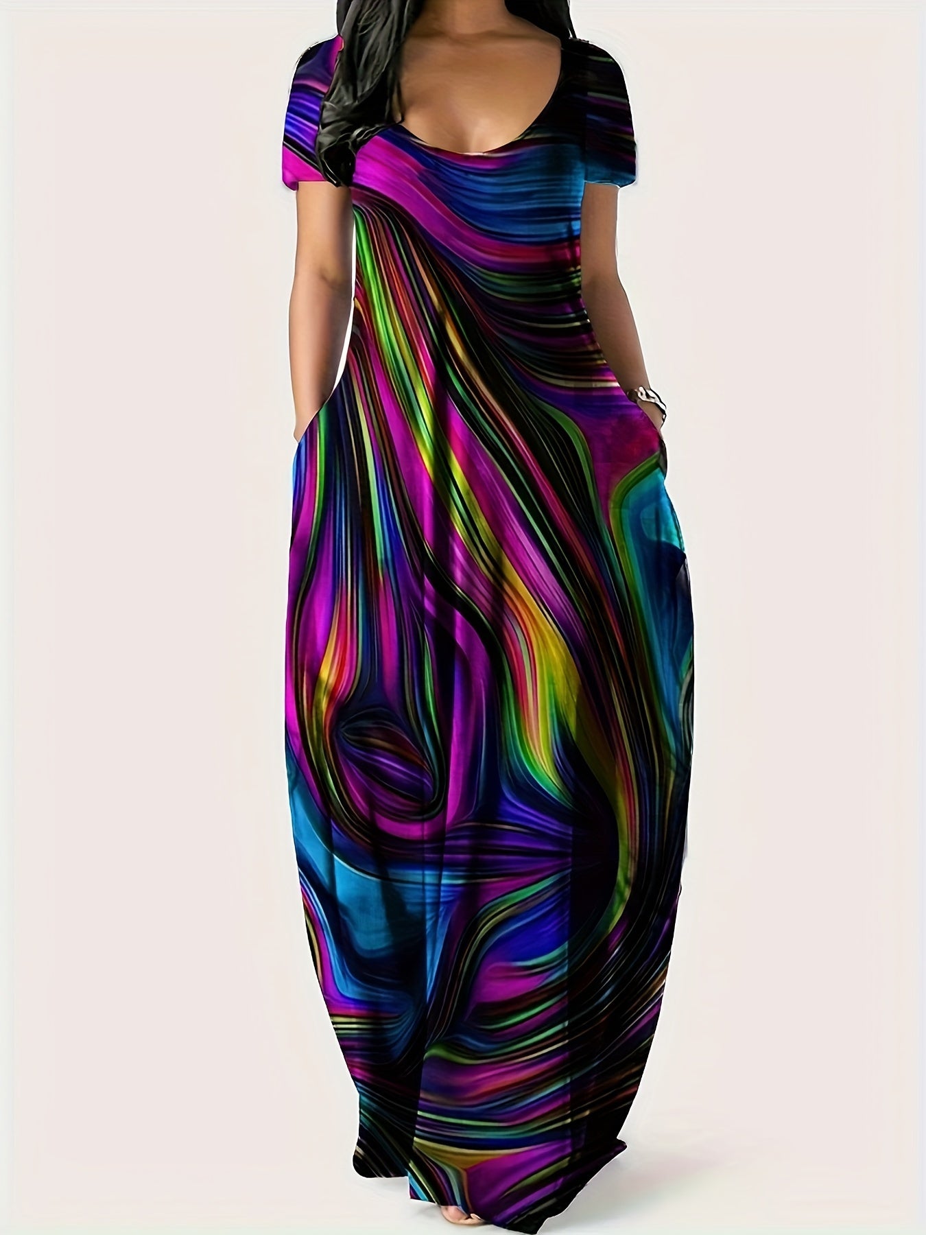 [1pc Plus Size Geometric Print Maxi Dress] 1pc Plus Size Geometric Print Maxi Dress, Stretchy Polyester Knit, Round Neck, Short Sleeve, Casual Loose Fit with Pockets, All-Season Versatile Style