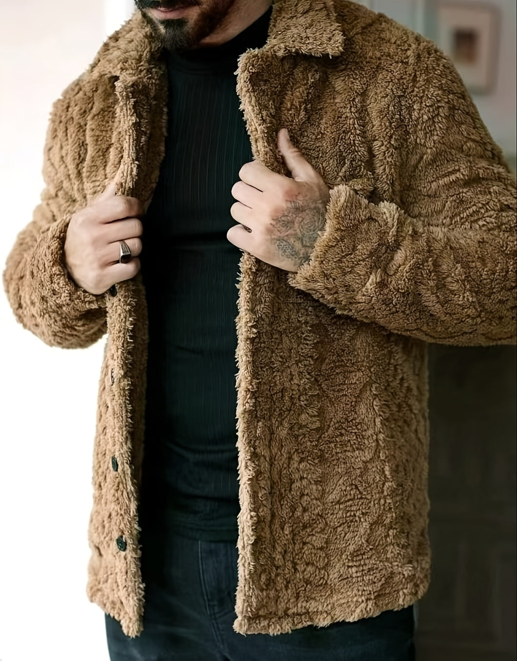Men's Casual Solid Color Flannel Jacket - Cozy Polyester, Button-Up Outerwear with Pockets, Long Sleeves for Fall & Winter