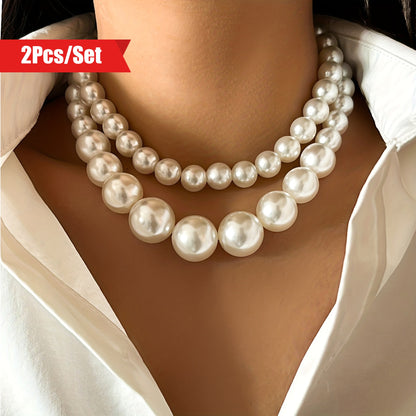 2pcs/Set Baroque Style Faux Pearl Beads Exaggerated Necklace Neck Jewelry Gift Decoration