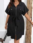 Elegant Plus Size Black Dress for Women - Summer Long Dress with Batwing Sleeves, Front Zipper, and Tie Waist