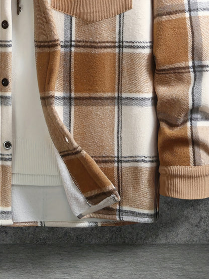 1pc Men'S Casual Plaid Fleece Jacket, Thickened Outerwear with Button Closure, Polyester Fabric, Non-Stretch, Regular Fit, Autumn/Winter Season, Solid Color Pocket Detail