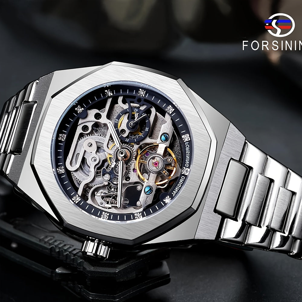 Reloj mecánico automático para hombre: esqueleto de diamantes de imitación 3D, acero inoxidable, estilo deportivo y profesional, regalo perfecto.