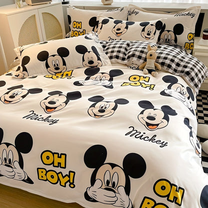 4pcs/set Mickey Mouse Cartoon Bedding Set Including 2 Pillowcases, 1 Duvet Cover, 1 Sheet, Kawaii Comfortable Durable Bedding for Bedroom & Dorm, Room Decor, House Supplies, Birthday Valentine Halloween Christmas Thanksgiving