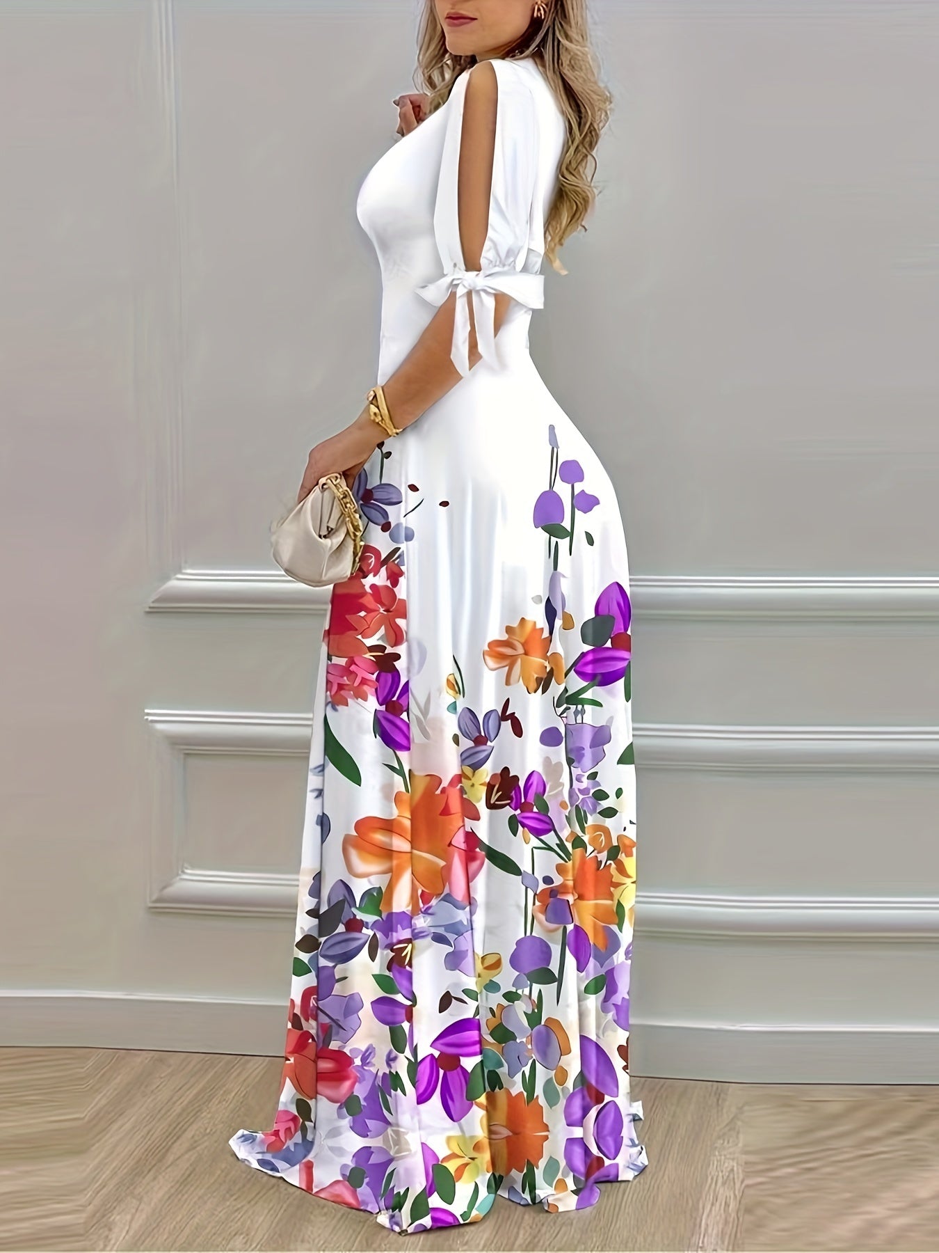 Floral Print V Neck Dress, Casual Split Hem A-line Dress For Spring & Summer, Women's Clothing