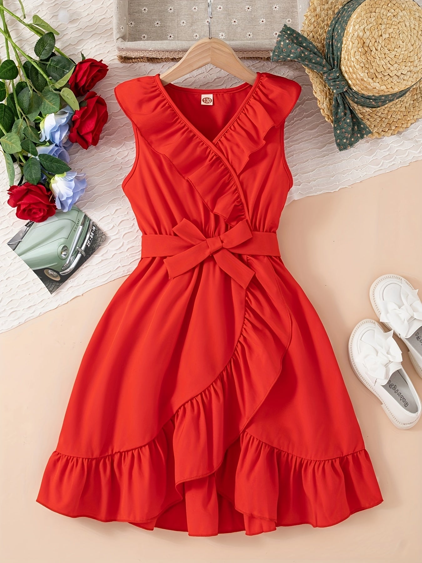 HWMFSNHFZ Elegant Girls Solid Ruffle Trim Sleeveless Belted Dress Summer Clothes Party