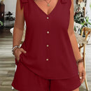 Women'S Casual Sleeveless V-Neck Top & Shorts Two-Piece Set - Loose Fit, Solid Navy Blue, Polyester Blend, Perfect for Summer Vacations, Summer Vacation Wear|Relaxed Fit Shorts|Polyester Blend