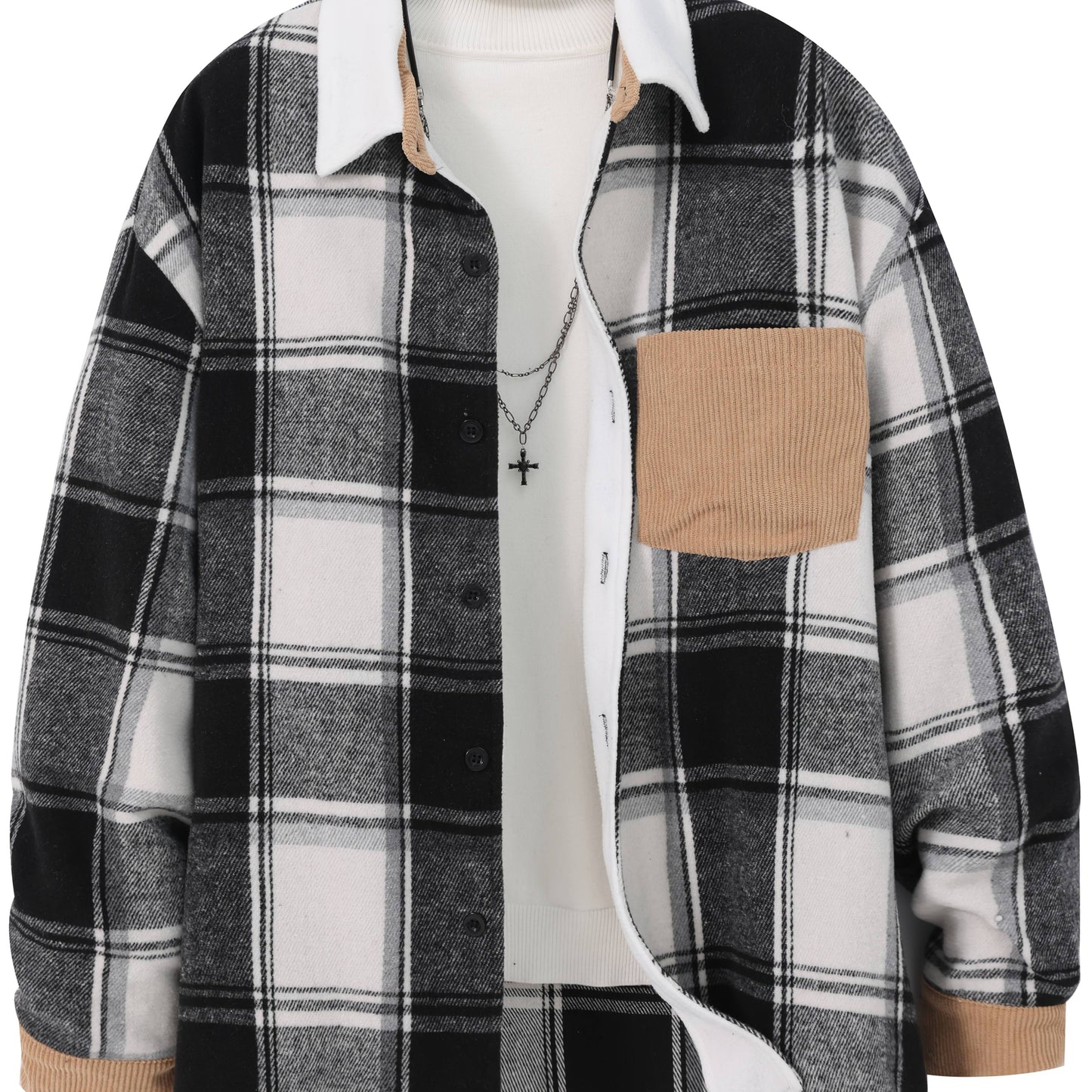 1pc Men'S Casual Plaid Fleece Jacket, Thickened Outerwear with Button Closure, Polyester Fabric, Non-Stretch, Regular Fit, Autumn/Winter Season, Solid Color Pocket Detail