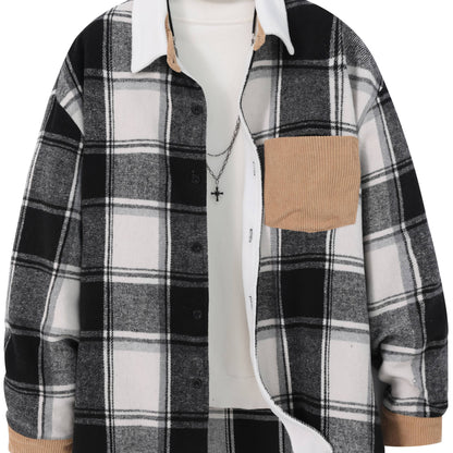 1pc Men'S Casual Plaid Fleece Jacket, Thickened Outerwear with Button Closure, Polyester Fabric, Non-Stretch, Regular Fit, Autumn/Winter Season, Solid Color Pocket Detail
