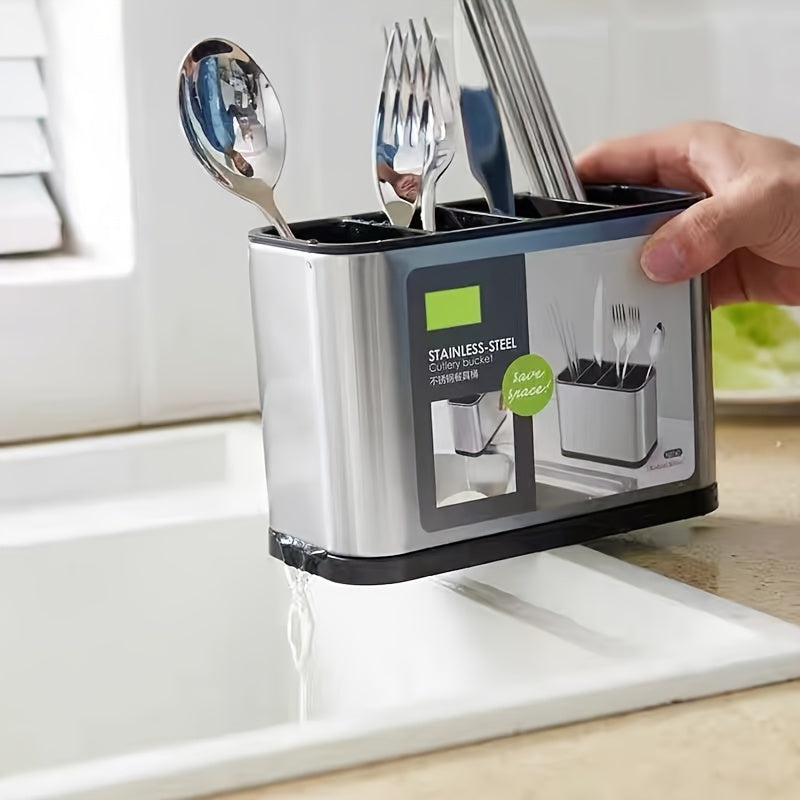 Stainless Steel Tableware Storage Box with 4 Separate Compartments, Anti-Slip Base and Removable Drip Tray - Rust Proof Kitchen Countertop Utensil Organizer