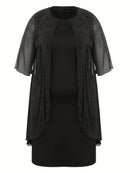 Plus Size - Elegant Plus Size Two-Piece Dress with Mesh Overlay - Navy Blue, Round Neck, Sleeveless, Flowy Design for Spring/Summer, Polyester Blend, Women'S Fashion, Plus Size Dresses