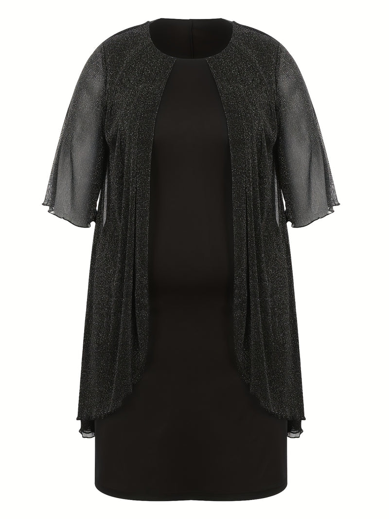 Plus Size - Elegant Plus Size Two-Piece Dress with Mesh Overlay - Navy Blue, Round Neck, Sleeveless, Flowy Design for Spring/Summer, Polyester Blend, Women'S Fashion, Plus Size Dresses