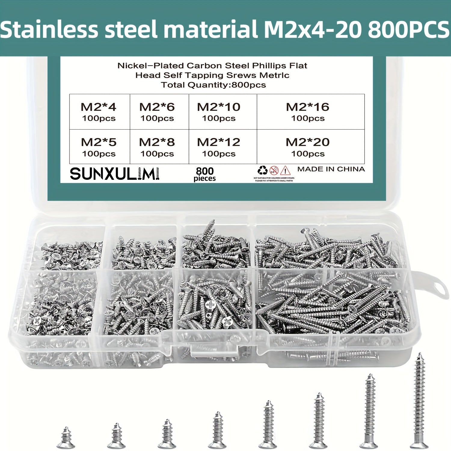 800pcs M2 Phillips Pan Head Self-Tapping Screws Nickel-Plated Carbon Steel 4mm 5mm 6mm 8mm 10mm 12mm 16mm 20mm Wood Screw Assortment Kit Lock Nuts Screw Fastener Sets (Flat Head)