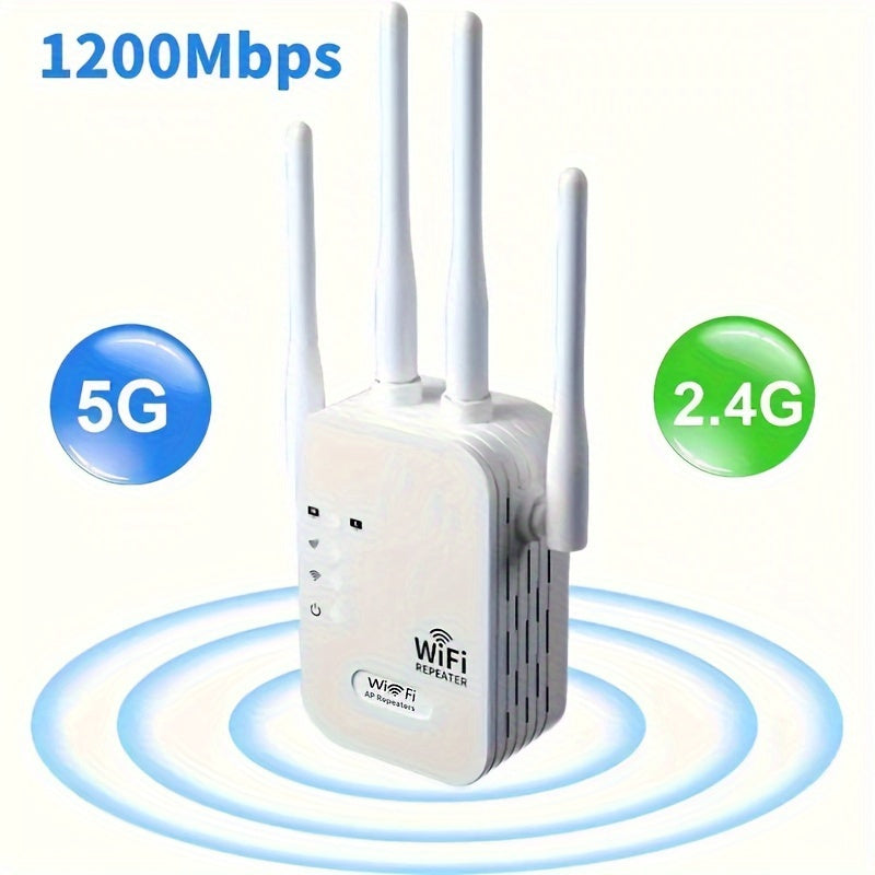 Momotor WiFi Booster, 1200Mbps Dual-Band 2.4 & 5GHz, Strong Signal Penetration for Up to 35 Devices, 4 High-Gain Antennas for 360° Coverage, Ethernet Port, 1-Tap Setup for Home, Office, Cafes - European Standard Plug