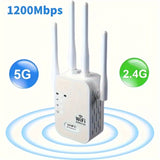 Momotor WiFi Booster, 1200Mbps Dual-Band 2.4 &amp; 5GHz, Strong Signal Penetration for Up to 35 Devices, 4 High-Gain Antennas for 360° Coverage, Ethernet Port, 1-Tap Setup for Home, Office, Cafes - European Standard Plug