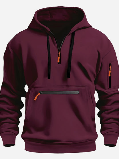 Solid Hooded Half Zip Long Sleeve Sweatshirt With Zippered Pocket For Men, Casual Hoodie For Winter And Fall