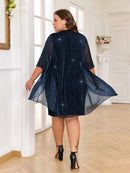 Plus Size - Elegant Plus Size Two-Piece Dress with Mesh Overlay - Navy Blue, Round Neck, Sleeveless, Flowy Design for Spring/Summer, Polyester Blend, Women'S Fashion, Plus Size Dresses