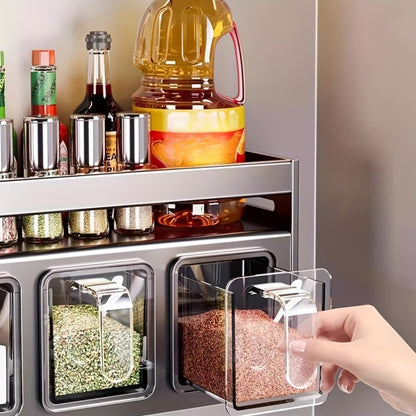 Wall-Mounted Spice Rack Organizer - Multi-Tier Metal Kitchen Rack with Storage Boxes and Jars, Easy-Clean Aluminum Stackable Can Shelf, Space-Saving Seasoning Holder with Tiered Shelves