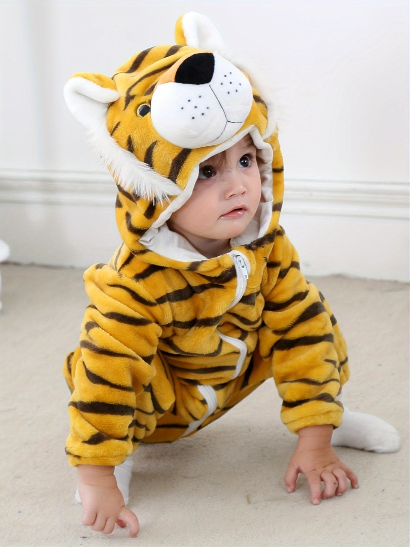 Lindo disfraz de tigre bebé para Halloween: mono unisex con capucha para cosplay y calidez.