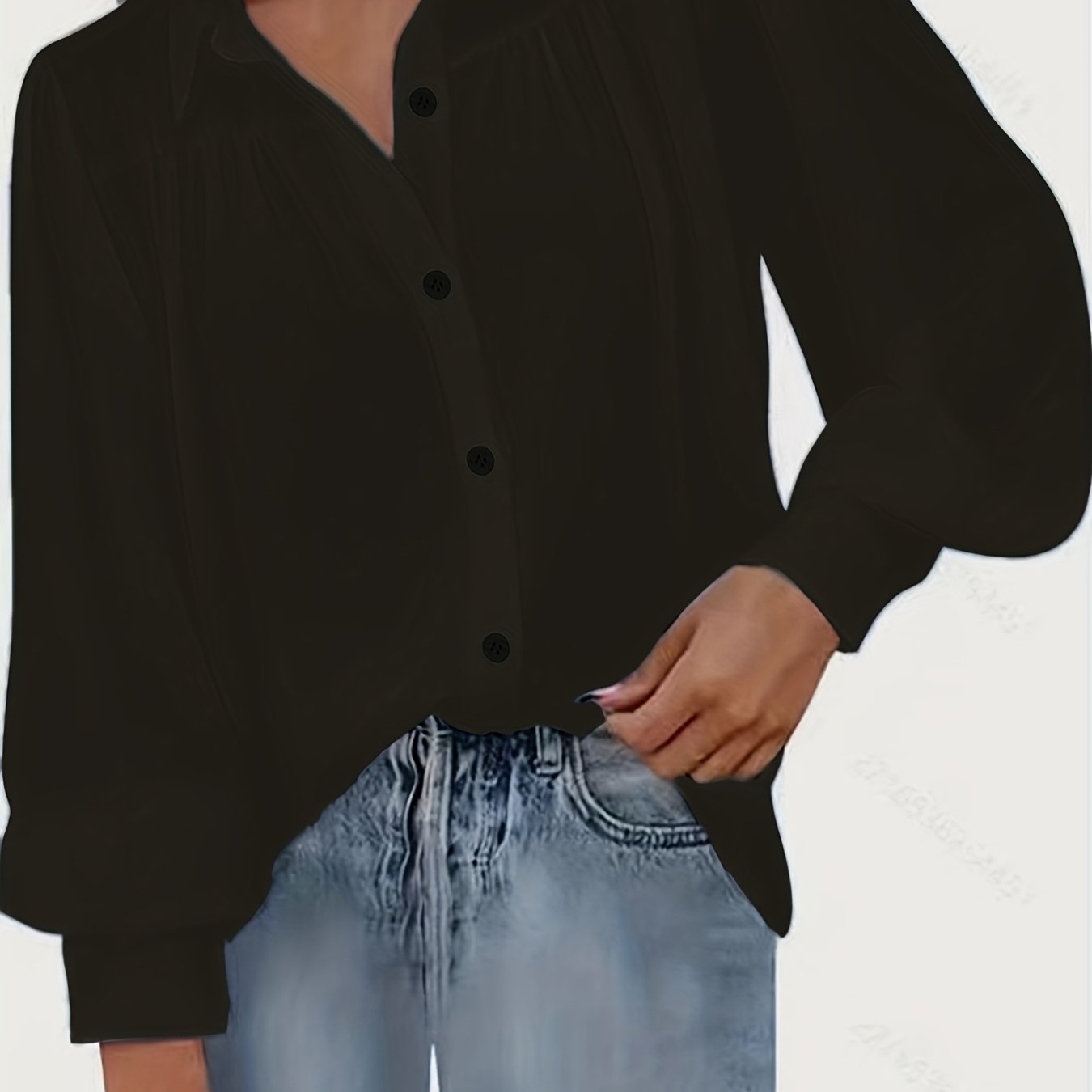 Blusa básica de talla grande para mujer, con botones, mangas farol, cuello vuelto, ligeramente elástica