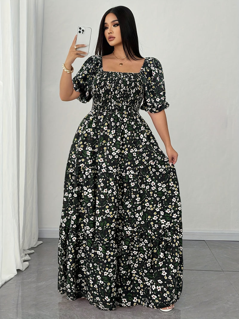 Women's Summer Square Neck Elastic Waist Floral Print Puff Sleeve A-Line Maxi Dress - Lightweight Breathable Machine Washable Plus Size Flowy Long Dress for Beach Vacation & Casual Outings, Beach Dresses