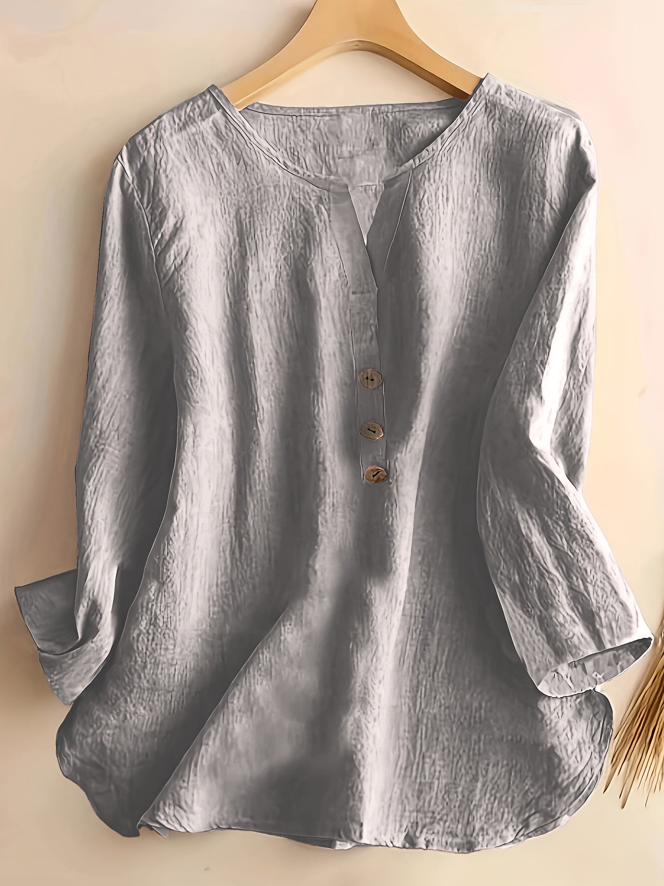 V-Neck Button-Up Top - Loose Fit Solid Color Pullover, Fashionable Casual V-Neck Shirt for Women, Relaxed Fit, Non-Stretch Cotton Linen Blouse