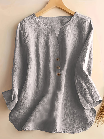 V-Neck Button-Up Top - Loose Fit Solid Color Pullover, Fashionable Casual V-Neck Shirt for Women, Relaxed Fit, Non-Stretch Cotton Linen Blouse