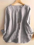 V-Neck Button-Up Top - Loose Fit Solid Color Pullover, Fashionable Casual V-Neck Shirt for Women, Relaxed Fit, Non-Stretch Cotton Linen Blouse