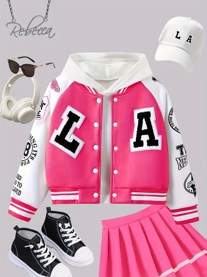 Alphabet LA Pattern Girl's Varsity Jacket, Raglan Color Block Thermal Lined Preppy Jacket Spring/ Fall Outerwear