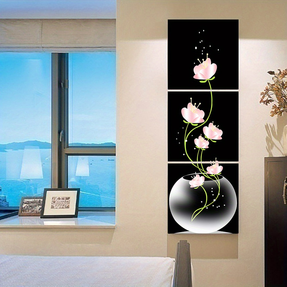 3 lienzos cuadrados con flores rosas, arte de pared para sala de estar, entrada, decoración del hogar, sin marco.