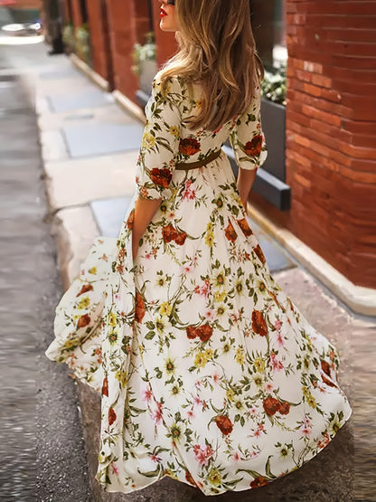 Floral Print Crew Neck Dress, Elegant Half Sleeve Maxi Swing Dress For Spring & Summer, Women's Clothing