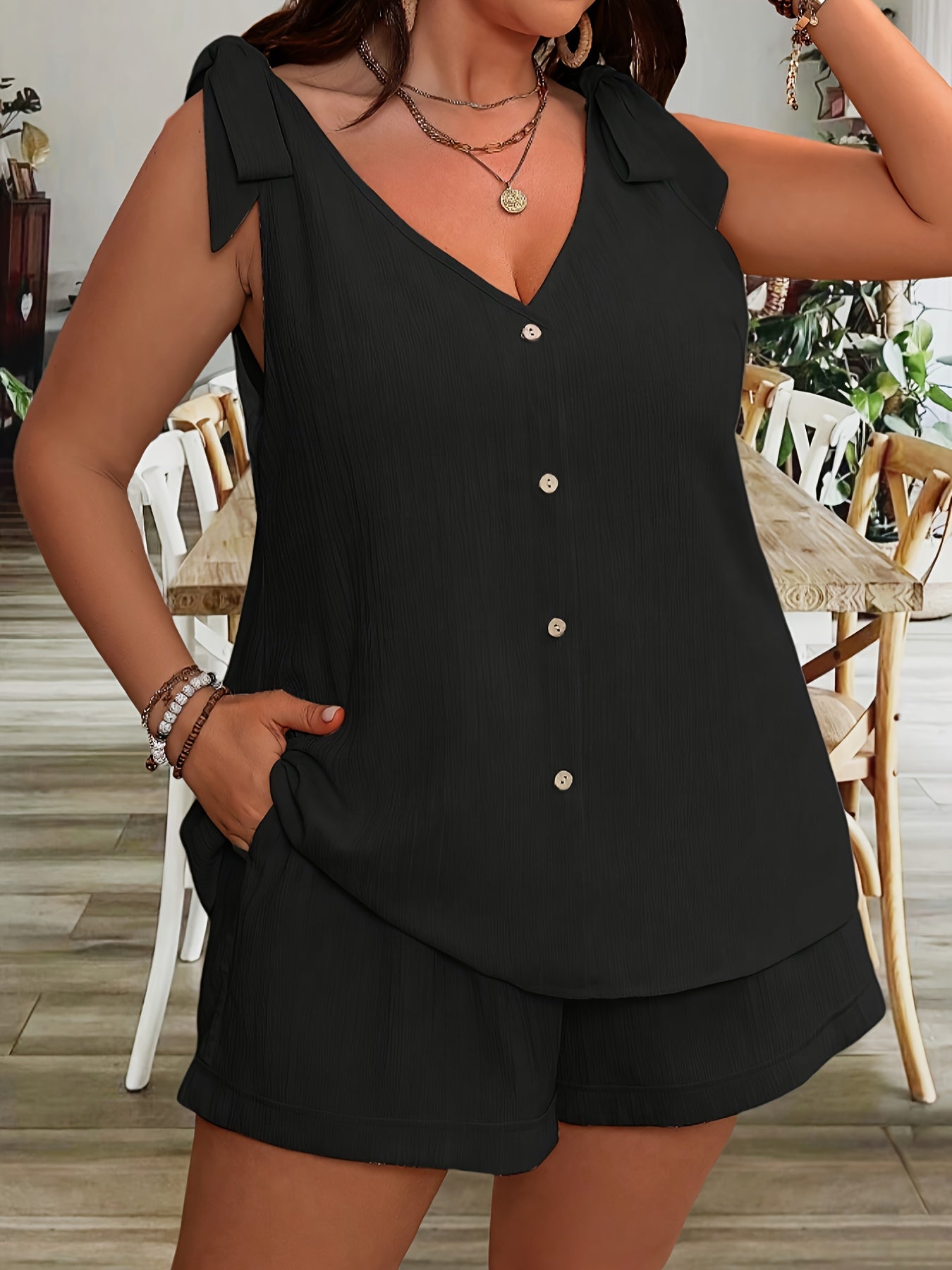 Women'S Casual Sleeveless V-Neck Top & Shorts Two-Piece Set - Loose Fit, Solid Navy Blue, Polyester Blend, Perfect for Summer Vacations, Summer Vacation Wear|Relaxed Fit Shorts|Polyester Blend