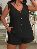 Women'S Casual Sleeveless V-Neck Top & Shorts Two-Piece Set - Loose Fit, Solid Navy Blue, Polyester Blend, Perfect for Summer Vacations, Summer Vacation Wear|Relaxed Fit Shorts|Polyester Blend