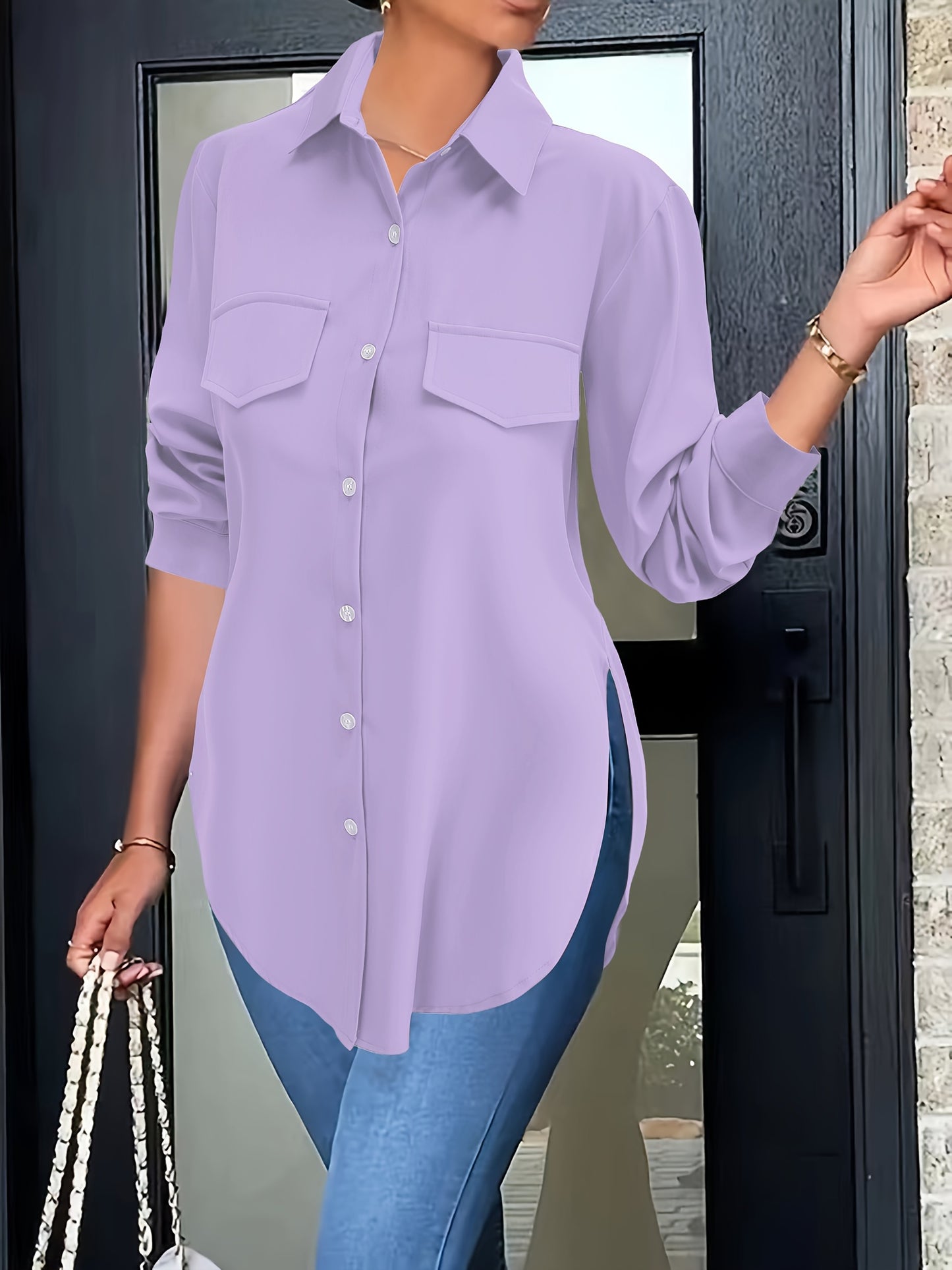 Blusa de talla grande con dobladillo curvo, informal, con cuello abotonado para primavera, ropa de talla grande para mujer.