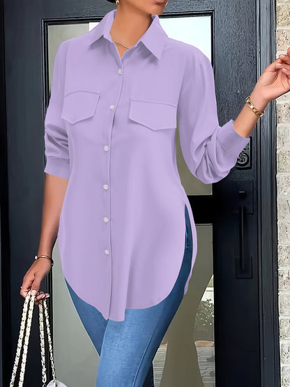 Blusa de talla grande con dobladillo curvo, informal, con cuello abotonado para primavera, ropa de talla grande para mujer.