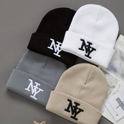2-Pack Unisex Winter Beanie Hats, Solid Color Knitted Polyester Outdoor Warm Caps, Hand Washable, Fashionable Daily Wear for Men and Women