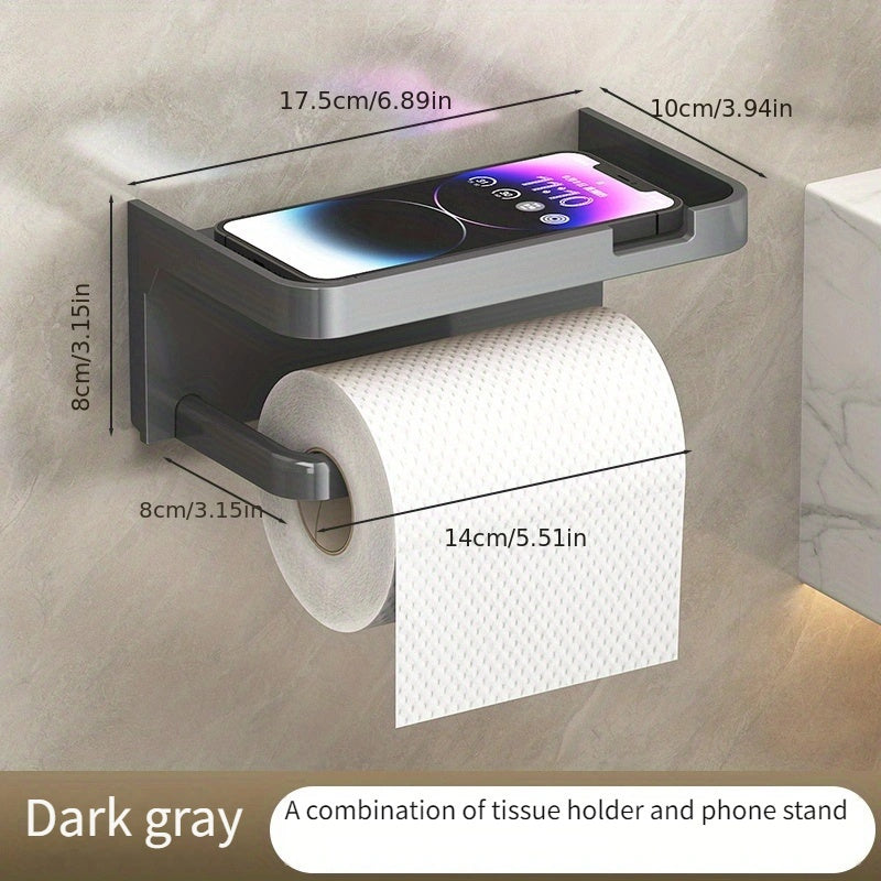 Portarrollos de papel higiénico de pared, fácil de instalar, sin taladros, con soporte para teléfono - Organizador de baño con acabado pulido