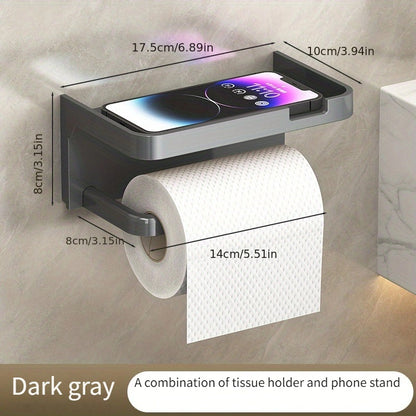 Portarrollos de papel higiénico de pared, fácil de instalar, sin taladros, con soporte para teléfono - Organizador de baño con acabado pulido