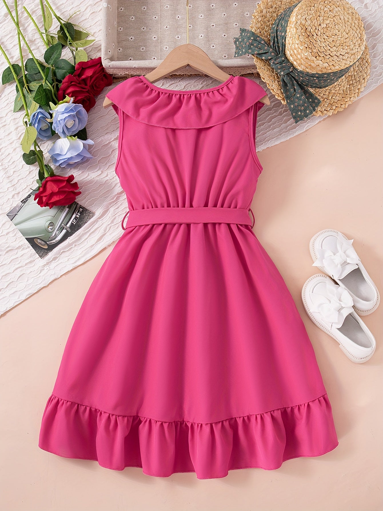 HWMFSNHFZ Elegant Girls Solid Ruffle Trim Sleeveless Belted Dress Summer Clothes Party