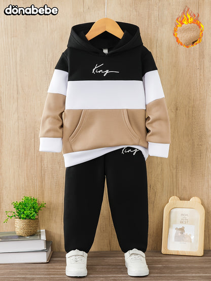 Cozy Boys' Fleece-Lined Hoodie &amp; Joggers Set - KING Letter Print, Casual Sportswear for Fall/Winter, Perfect for Outdoor