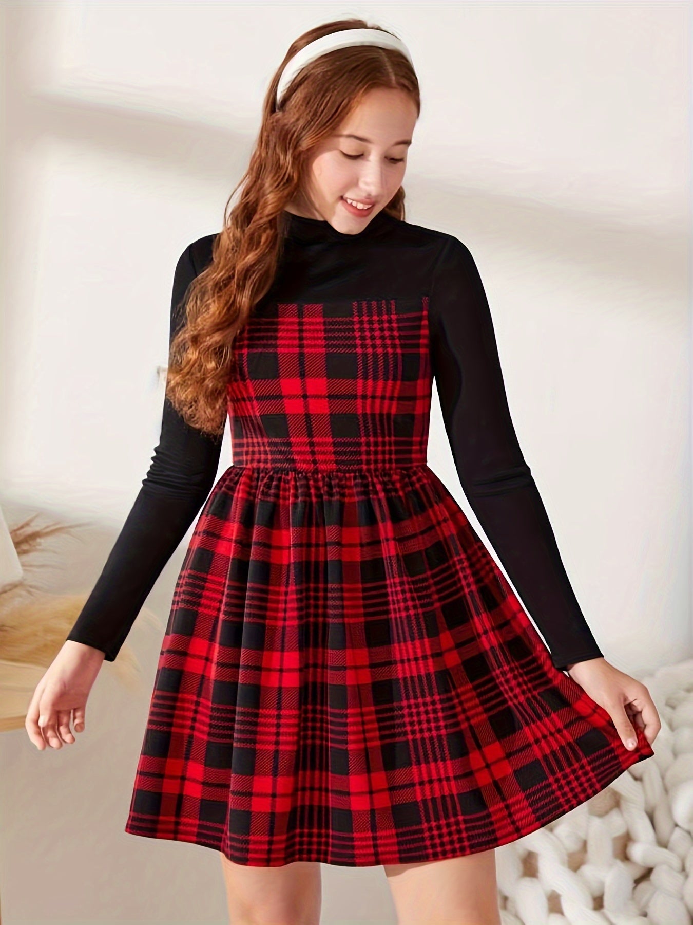 Children's Plaid Dress with Long Sleeves, Color Block Knit Fabric, Casual Fit, Polyester, Mid-Stretch, for Kids - Autumn/Winter Collection