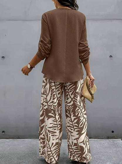 Conjunto de top y pantalón de manga larga con diseño elegante de primavera-verano