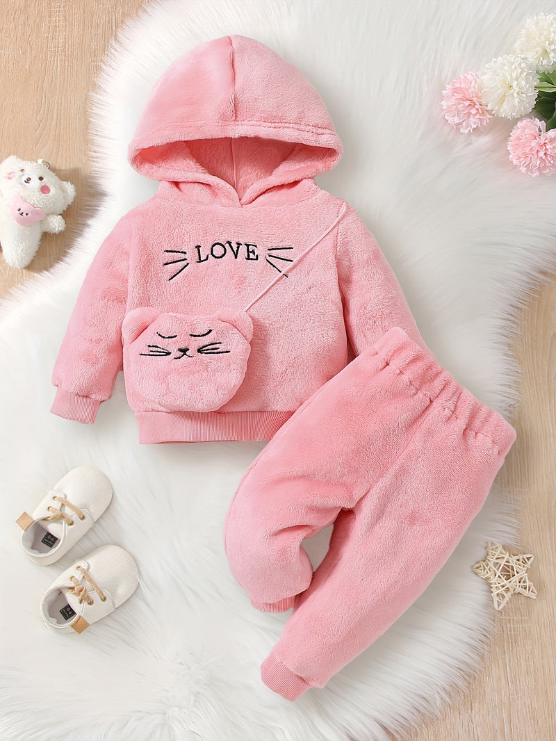 2-piece Baby's LOVE Embroidery Warm Fuzzy Hoodie + Cute Bear Bag + Casual Pants, Toddler &amp; Infant Girl's Outdoor Clothing Set For Fall Winter