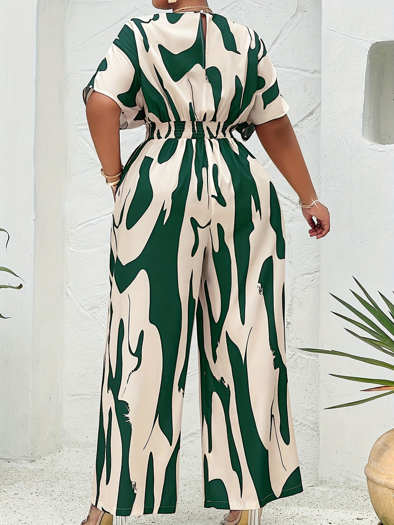 Plus Size, Women's Plus Size Batwing Sleeve Belted Print Jumpsuit