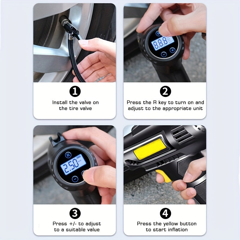 Ultra-Fast 120W Portable Air Compressor & Tire Inflator - Cordless, USB Rechargeable with Digital Pressure Gauge & Light, Ideal for Cars, Motorcycles, Bicycles & Balls