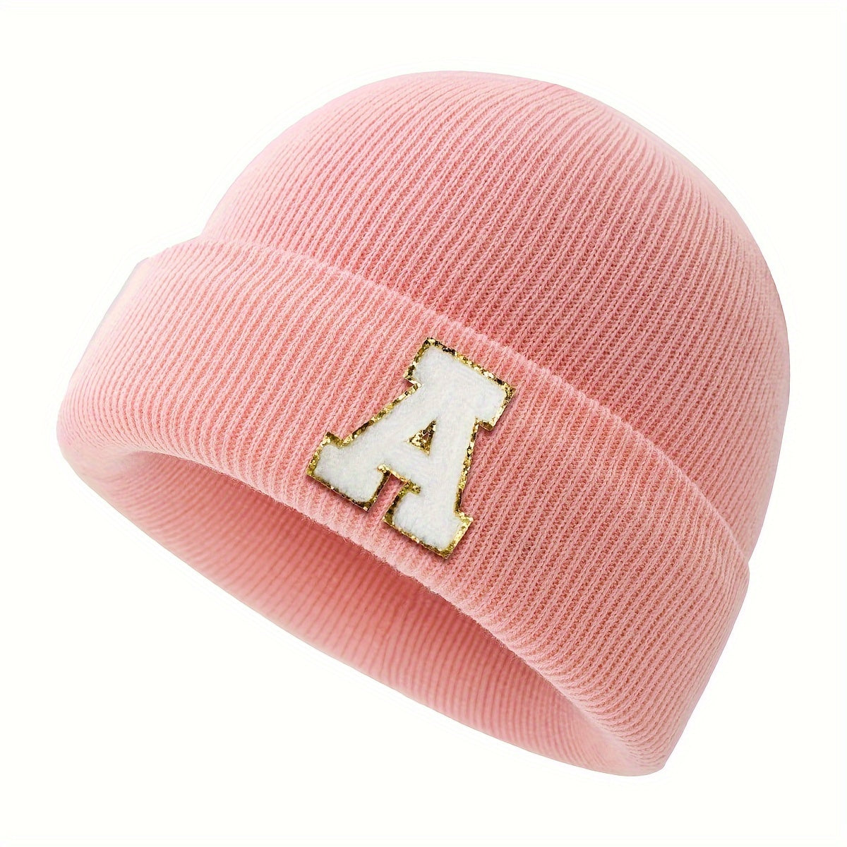 1pc Children's Knitted Hat with 26 Alphabet Letters, Pink Acrylic Stretchable Cap for Toddlers, Hand Washable, Breathable, Daily & Casual Wear, Perfect for Birthday Occasion